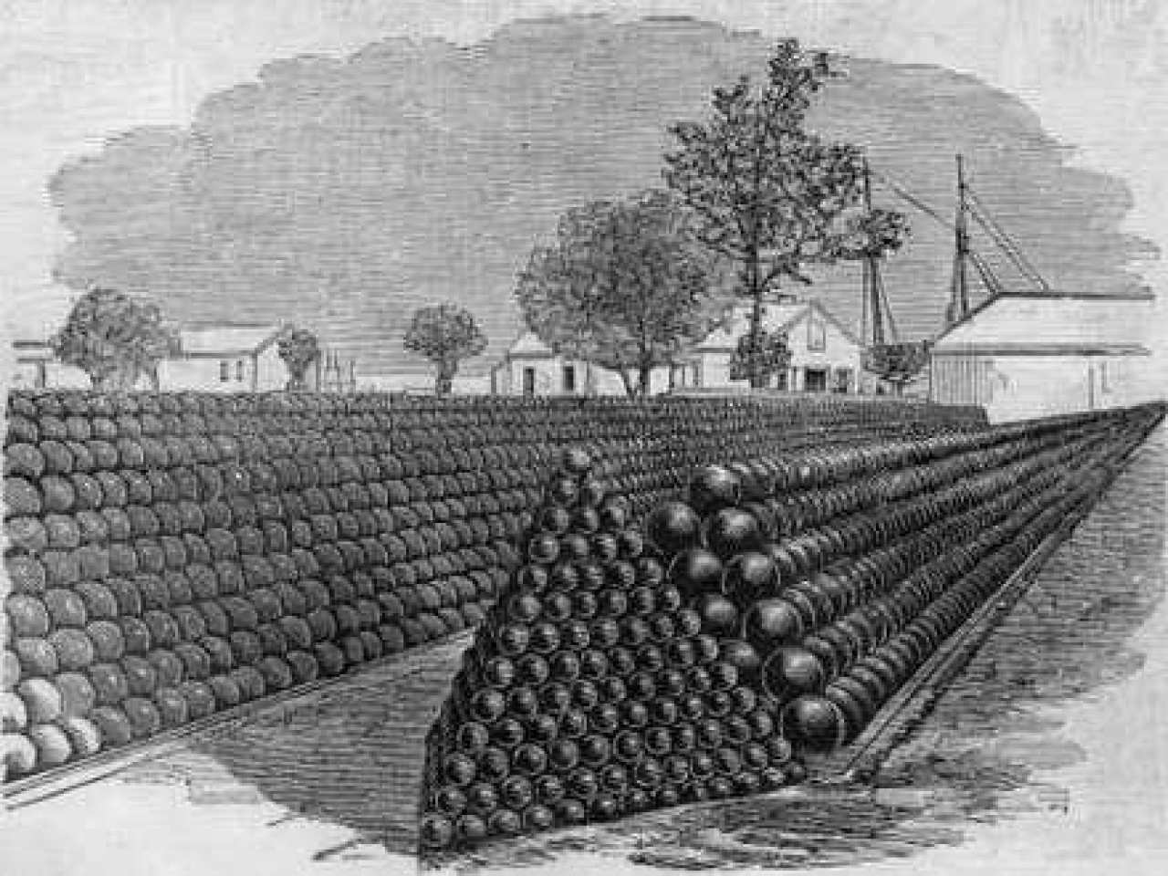 Cannonballs stacked in densely packed rows